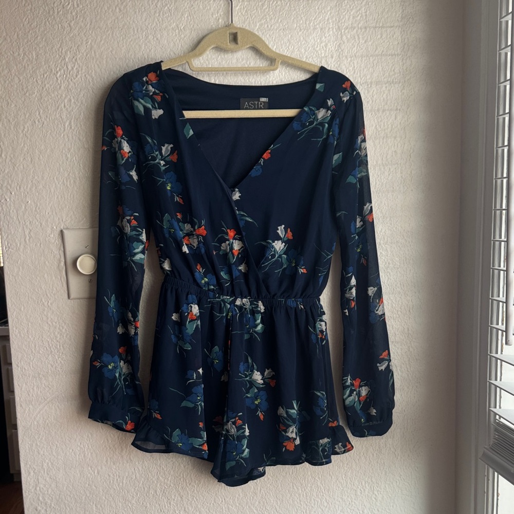 Astr Dark Blue Floral Long Sleeve Romper